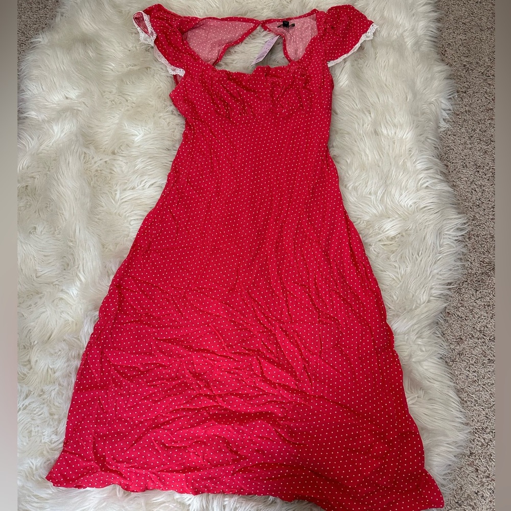 NWT Wild fable Red Polka Dot Midi Dress with sweetheart line neck